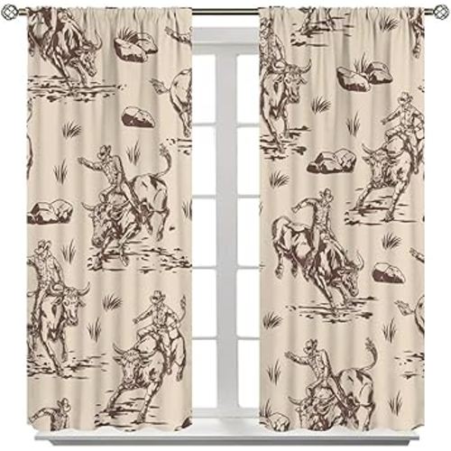 Western Cowboy Curtains, Wild West Desert Rustic Theme Hand Painted Window Treatments, Bedroom Living Room Decor Noise Reducing Curtains