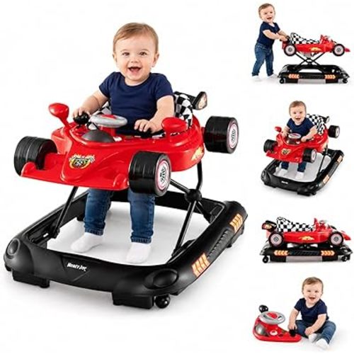 HONEY JOY Baby Walker, 4-in-1 Foldable Infant Activity Push Walker, Toddler Car Walker w/Adjustable Heights, Music, Lights, Removable Tray, Baby Walker with Wheels for Boys Girls 7-14 Months (Red)