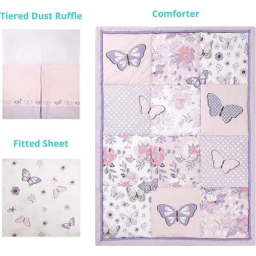 La Premura 3-Piece Purple Butterfly Baby Crib Bedding Set for Girls, Lilac Standard Size Crib Set for Baby Girl, Comforter, Fitted Sheet, and Dust Ruffle Skirt, Baby Nursery Floral Design for Girls