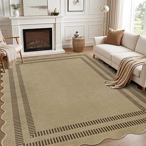 8x10 Area Rugs, Scalloped Brown Modern Living Room Rug, Solid Large Machine Washable Rug Non-Slip, Soft Lightweight Carpet for Bedroom Playroom Dining Room