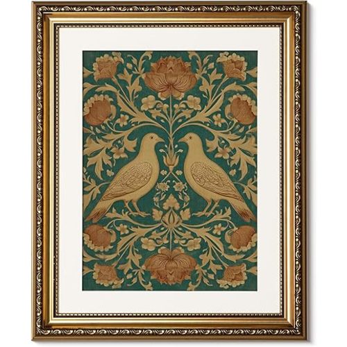 ARPEOTCY Gold Framed Canvas Wall Art, Vintage Floral and Bird Design, Elegant Pigeon Decorative Art for Living Room, Bedroom, Office, 13x16 Inch