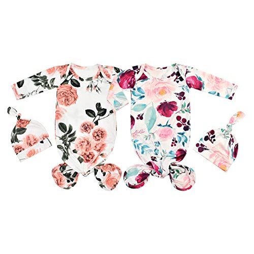 Newborn Baby Sleeper Gown with Beanie 0-3 Months | 2 Packs, Floral, Knotted Nightgowns, Machine Wash, Coming Home Outfit