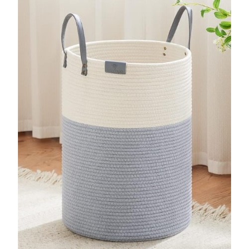 72L Tall Woven Rope Laundry Hamper, Leather Handles, Grey & White