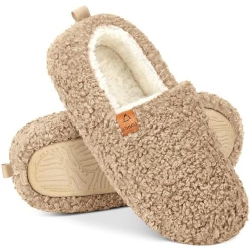 ATHMILE Fuzzy Slippers for Women House Slippers Memory Foam Curly Loafer with Polar Fleece Lining Indoor Outdoor Grey