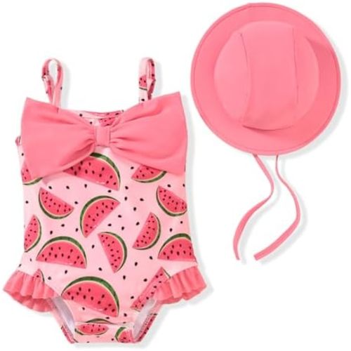 HINTINA Newborn Baby Girl One Piece Swimsuit Sleeveless Bathing Suit with Hat