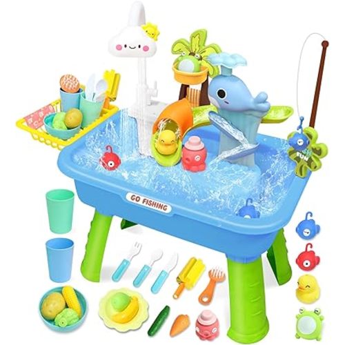Water Play Table for Toddlers 1-3, Kids Play Sink with Electric Faucet, Outdoor Water Table with Fishing Game, Summer Baby Water Sensory Toy for Toddlers 1-3 Years (Blue)