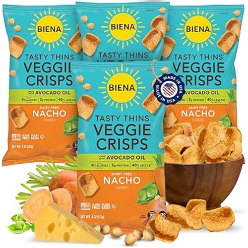 BIENA Tasty Thins Veggie Crisps – Made with Avocado Oil - Nacho, 4-Pk 4oz Bags – Chickpeas & Veggies, Vegan, Gluten Free, Dairy-Free, Non-GMO, Allergy-Friendly, Healthy Snacks for Adults & Kids