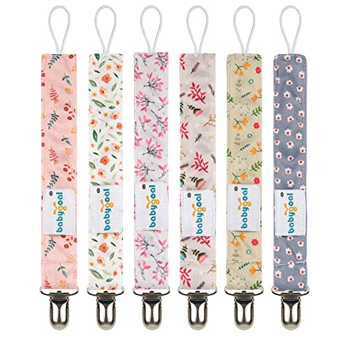 Babygoal Floral Pacifier Clips, 6 Pack Pacifier Holder Clips for Baby Girls Fits for Most Pacifier Styles and Binkie