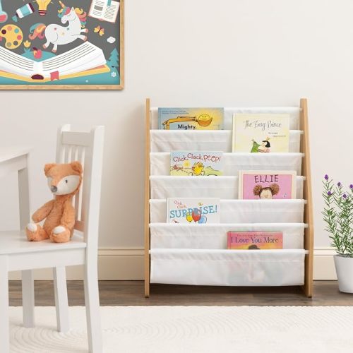 Humble Crew Kids Bookshelf, Montessori Front Facing Toddler Bookcase 4Tier | Book display rack and reading nook organizer, nylon pockets show covers face out, compact for any playroom or bedroom space