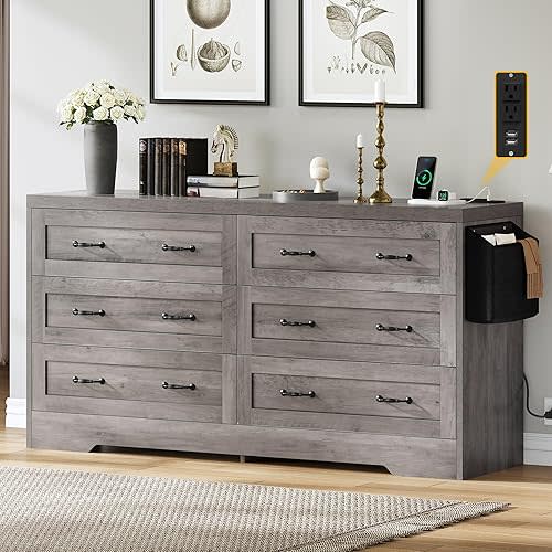 DWVO Farmhouse 6 Drawer Dresser for Bedroom, 59" Wide Large Modern Dresser TV Stand with Drawers & Bar Handles, Storage Dressers with Power Outlets, Rustic Wood Chest of Drawers, Grey