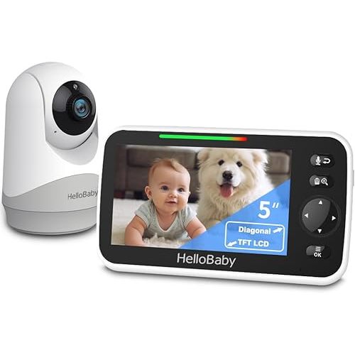 HelloBaby Monitor with Camera and Audio, 5'' Screen with 16-Hour Video Streaming, Remote Pan-Tilt-Zoom Camera, Two-Way Talk, VOX Mode, Auto-Night Vision, Range up to 960ft and No WiFi