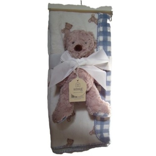 SNUG 2 Pc White Teddy Bear Reversible Blue Plaid Baby Blanket and Bear Plush Toy