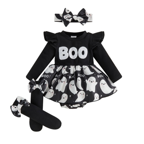 Newborn Baby Girl Halloween Outfits Long Sleeve Ghost Print Romper Headband Socks Set Infant Clothes 0-12 Months - TikTok Shop