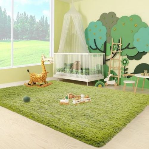 Ophanie Green 4x6 Fluffy Shag Kids Rug - Non-Slip Ultra Soft Plush Nursery Rug for Bedroom, Playroom, Dorm, Reading Nook