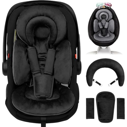 Infant Car Seat Insert with Removable Cushion for Preemie to Toddler, Reversible Newborn Carseat Insert for Baby Head Body Support, Fits for Stroller, Baby Swing, Bouncer (Pure Black)