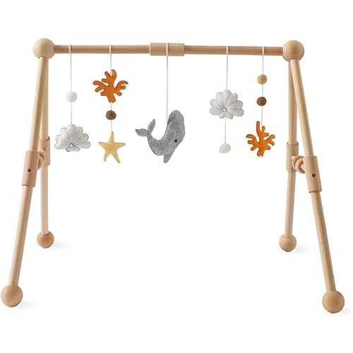 Promise Babe Baby Play Gym Wooden Infant Activity Gym with 5 Detachable Toys, Stage-Based Developmental Activity Gym Baby to Toddler, Newborn Boys and Girls