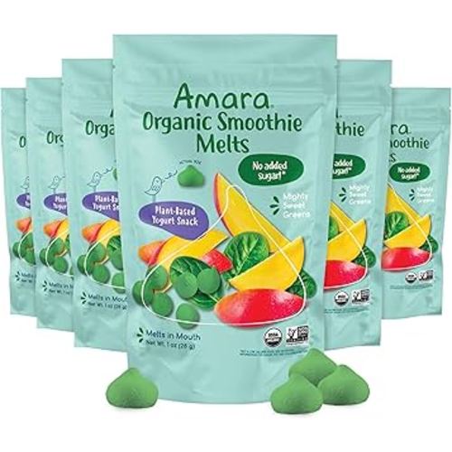 Amara Smoothie Melts - Mighty Sweet Greens - Baby Snacks Made With Fruits and Vegetables - Healthy Toddler Snacks For Your Kids Lunch Box - Organic Plant Based Yogurt Melts - 6 Resealable Bags