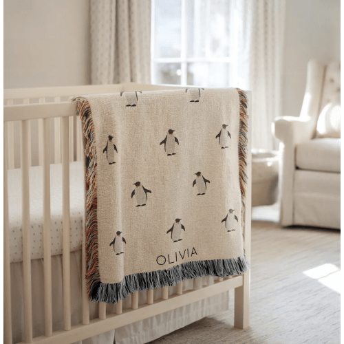 Personalized Penguin Baby Blanket, Custom Name Winter Animal Nursery Throw, Baby Shower Gift, Penguin Lover Kids Room Decor for Boy or Girl