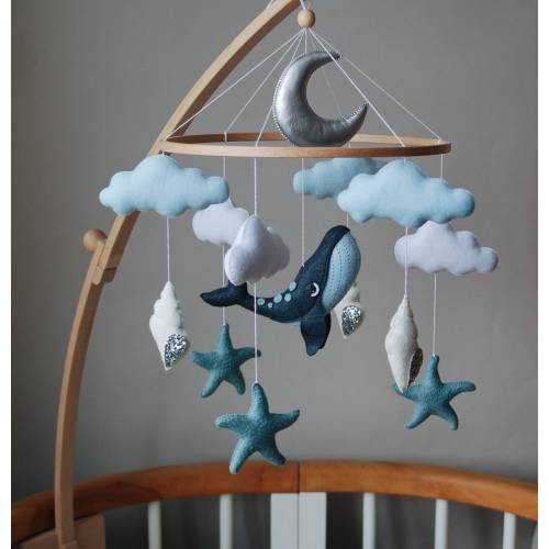 Whale Baby Mobile: Felt Ocean Nursery Decor, Stars Crib Mobile