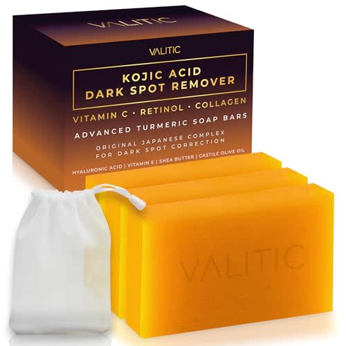 VALITIC Kojic Acid Dark Spot Corrector Soap Bars with Vitamin C, Retinol, Collagen, Turmeric - Original Japanese Complex - Hyaluronic Acid, Vitamin E, Shea Butter, Castile Olive Oil - 3 Pack With Bag