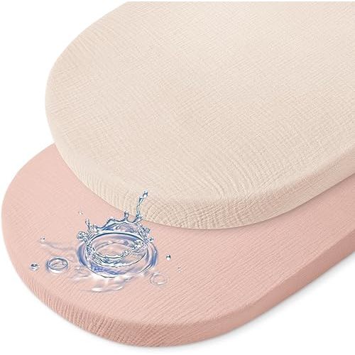Baby Bassinet Sheets TPU Waterproof 2 Pack Soft Muslin Bedside Bassinet Mattress Sheets with Bottom Elastic Band for Baby Boy Girls Unisex Fit Hourglass Oval and Rectangle, Pink Beige