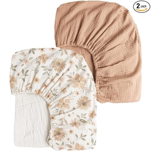 Konssy Muslin Crib Sheets 2 PCS 100% Cotton Baby Crib Sheets for Standard Crib Mattress (28" x 52"), Soft and Breathable for Boys, Girls (Toffee, Flourish)
