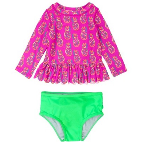 RuffleButts Baby Girls UPF50+ Scallop Hem Long Sleeve Rash Guard Bikini - Neon Violet Pineapples, 3-6m