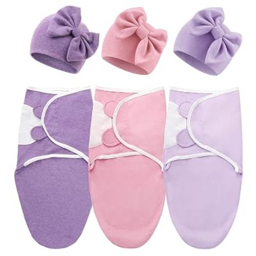 DRESHOW BQUBO 3 Pack Newborn Baby Swaddle Blanket with Hats Infant Adjustable Velcro Swaddling Wraps with Bear Ears Cap for 6-12 Lbs Newborns & 0-3 Months Girls Boys