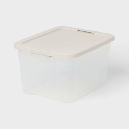 66qt Latching Storage Box Creamy Chai Lid and Latch Clear - Brightroom™