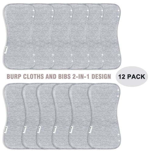 Burp Cloths & Baby Bibs 2-In-1 Large Size 3 Layers Thicken 100% Cotton Super Soft Absorbent for Teething and Drooling Baby Spit Up Burping Rags Set for Boys and Girls Infant Newborn 12-Pack