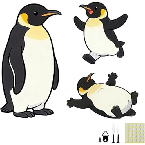 Large Wooden Mother and Child Cartoon Penguin Wall Art, 3Pcs Family Print Painting Arctic Animal Ocean Theme Coastal Signs for Kids Room Bedroom Living Room Bathroom Nursery Cozy Home Decor