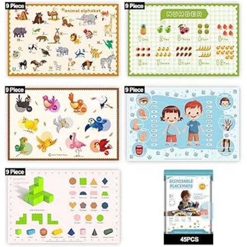 45 Pack Sticky Disposable Placemats for Baby & Toddlers,Toddler Placemat 12"x18" Kids Table Mat for Party, Picnic Table, Restaurants Dining Table Travel Essentials for Toddlers with 5 Designs