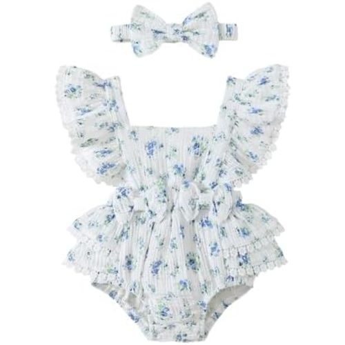 Baby Girl Summer Clothes Ruffle Sleeve Cotton Linen Romper Dress Infant Girls Lace Trim Jumpsuit with Headband