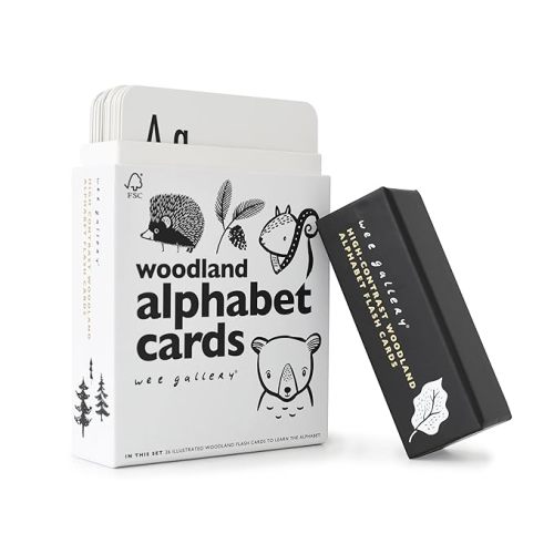 Wee Gallery Educational Flashcards for Babies, Double Sided Black and White Learning Flash cards, Woodland Animal Alphabet Cards for Visual Stimulation and Cognitive Development of Toddlers