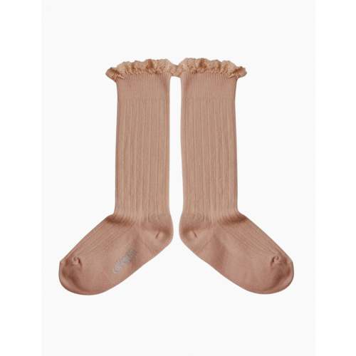 Joséphine Lace-trim Ribbed Knee-high Socks in Vieux Rose