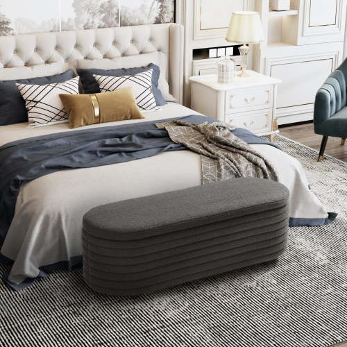 WestinTrends 54" Wide Mid-Century Modern Upholstered Teddy Sherpa Tufted Oval Storage Ottoman Bench, Charcoal Gray