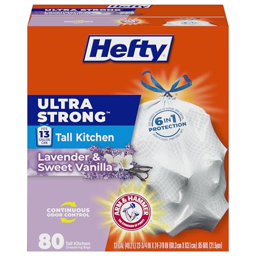 Hefty Ultra Strong 13 Gal Kitchen Trash Bags, White, Lavender Vanilla, 80ct | 13G Tall White Trash Bags with Drawstrings for Kitchen and Home Use, Resists Leaks, Punctures, Rips, Continuous Odor Control