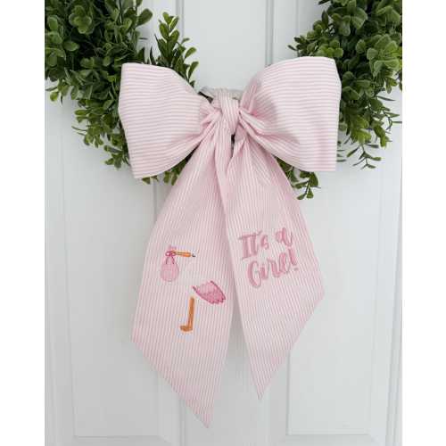 Pink Stork Seersucker Bow Wreath Sash - Customized Wreath Sash - Wreath Sash - Personalized Gift - Monogrammed Gift - Baby Shower Gift