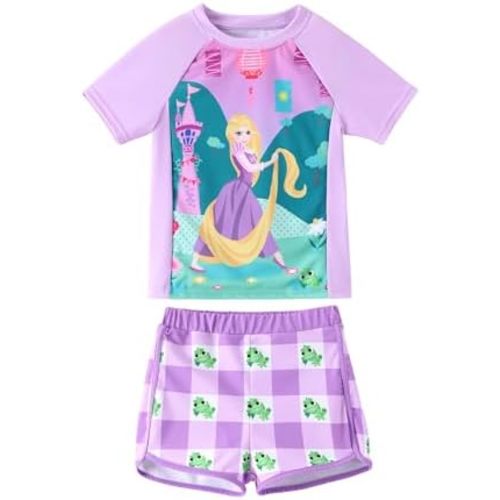Disney Frozen Elsa Princess Girls Two Piece UPF 50+ Protection Quick-Dry Short Sleeve Swim Sets Rashguard Bathing Suit