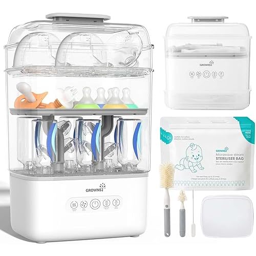 Grownsy 3 Layers-Large Bottle Sterilizer and Dryer, Holds 6 to10 Bottles, Nesting Design Bottle Sanitizer Esterilizador de Biberones for Breast Pump Sterilizer Bags Bottle Brush Included