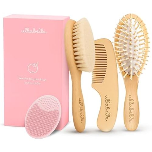 4 Piece Wooden Baby Hair Brush and Comb Set for Newborns & Toddlers in Chic Gift Box - Ultra Soft Natural Goat Hair and Wood Baby Brush Set Prevents Cradle Cap - Perfect Registry Gift (Pink)