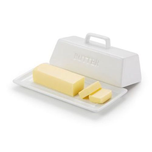 Kook Ceramic Butter Dish with Handle Cover Design, 7.5 Inch Wide, White
