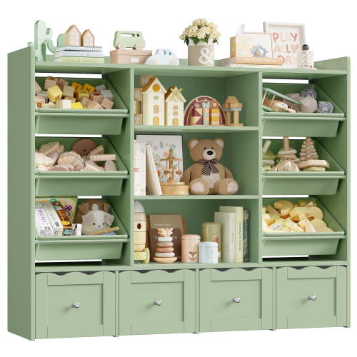 Hiphuta 55" Wide Toy Storage Organizer with 4 Removable Drawers, 4-Tier Kid Bookcase with 6 Bins, Toy Organizer with Bookcase for Kid Bedroom Playroom, Green