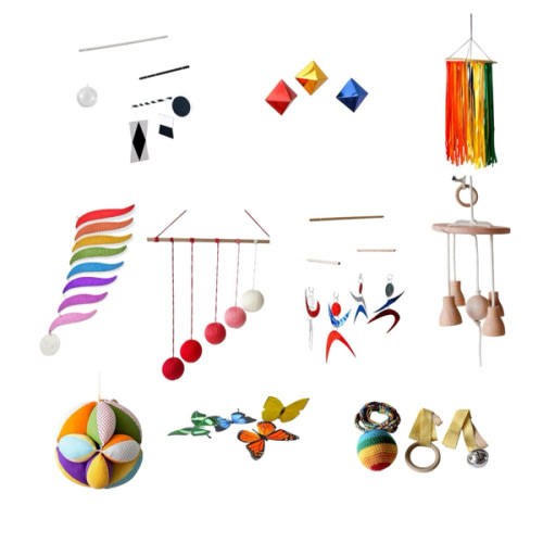 Box of Montessori Mobile, Gobbi Mobile, Montessori Bell and Ring, Tactile Mobile, Octahedron Mobile, Ribbon Mobile, Rainbow Mobile