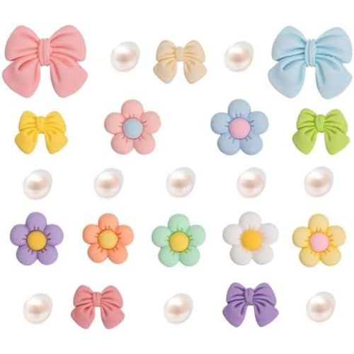 Resin Pink Bow Shoe Charms for Girls, 24Pcs Cute Flower Accessories for Clog Sandals, Pearl Decoration for Women, DIY Party Favor