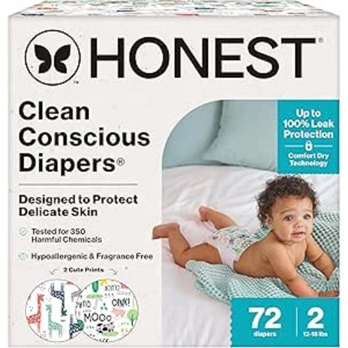 The Honest Company Comfort Dry Disposable Diapers for Sensitive Skin, Hypoallergenic, Fragrance-Free, Multi-Colored Giraffes + Barnyard Babies, Club Box, Size 2 (12-18 lbs), 72 Count