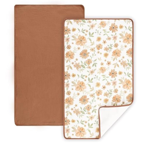 Waterproof Portable Changing Pad 2 Pack, Muslin Cotton Baby Changing Mat Comfortable & Breathable, Foldable Diaper Changing Pad for Travel, Machine Washable, Flower & Brown