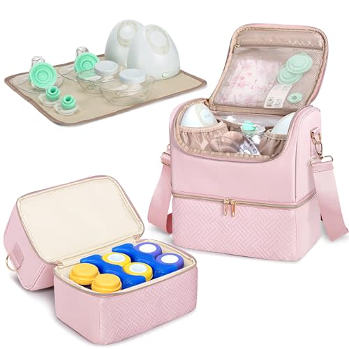 Fasrom Breast Pump Bag with Cooler Compartment Compatible with Momcozy, Medela and Willow Hands Free Pump, Pumping Tote with Waterproof Mat, Pink