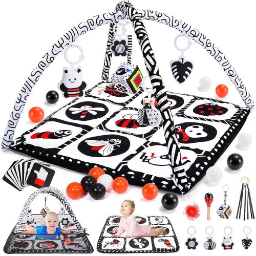Baby Tummy Time Mat & 10 Sensory Toys, Baby Play Mat for Babies 0-6 6-12 Months & Visual Card, Baby Play Gym, Playmate for Baby, Baby Gym for Baby Shower Gifts, Newborn Baby Essentials Must Haves