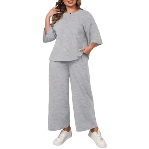 Beautife Womens Plus Size 2 Piece Outfits 3/4 Sleeve Tops and Wide Leg Pants Loungewear Pajamas Sets